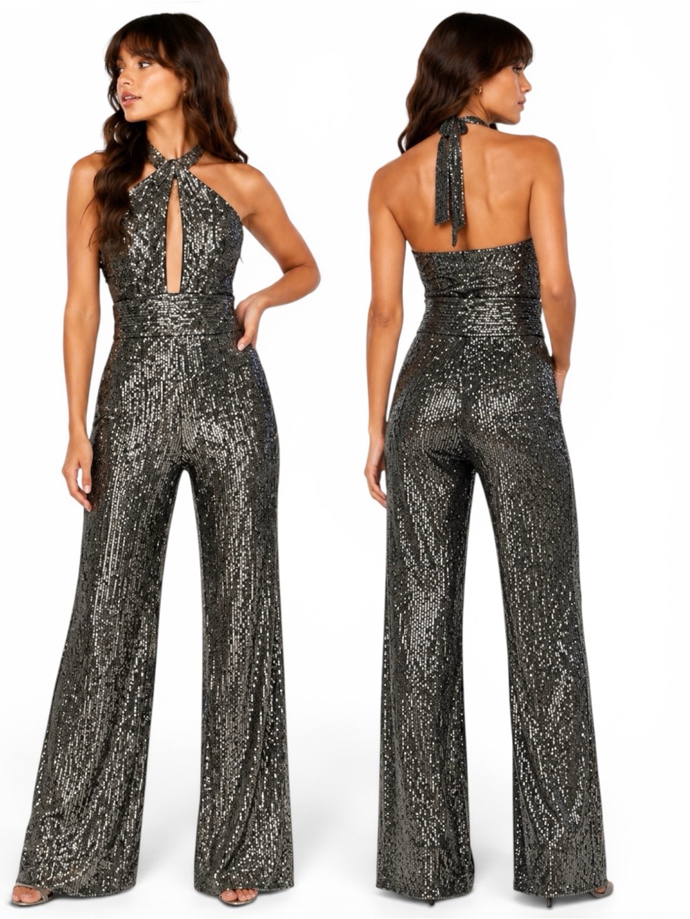 NWT Anthropologie Mauve Carbon Sequin Halter Wide Leg Jumpsuit 0‎